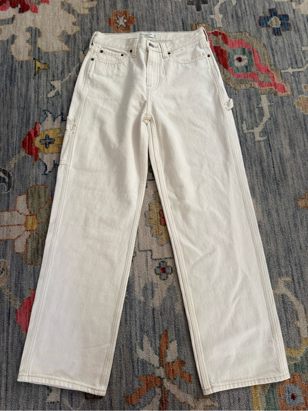 Abercrombie & Fitch Curve Love Mid Rise Slouchy Jeans ecru carpenter wash 25 - Picture 5 of 10
